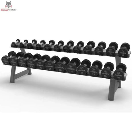 Titanium Strength HD30 Gummi-Hantelset 2,5–30 kg mit Rack – Schrägansicht von der anderen Seite mit beiden Hantelreihen
