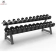 Titanium Strength HD30 Gummi-Hantelset 2,5–30 kg mit Rack – Schrägansicht des Racks mit zwei Ablagen voller Kurzhanteln