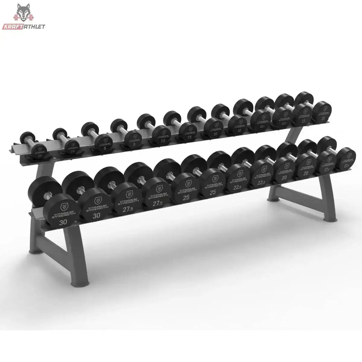 Titanium Strength HD30 Gummi-Hantelset 2,5–30 kg mit Rack – Schrägansicht des Racks mit zwei Ablagen voller Kurzhanteln