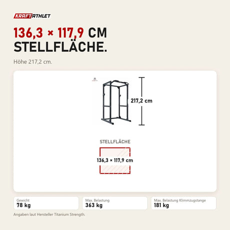 Maßbild Titanium Strength Heavy Duty Power Cage 340P: Stellfläche 136,3 × 117,9 cm, Höhe 217,2 cm