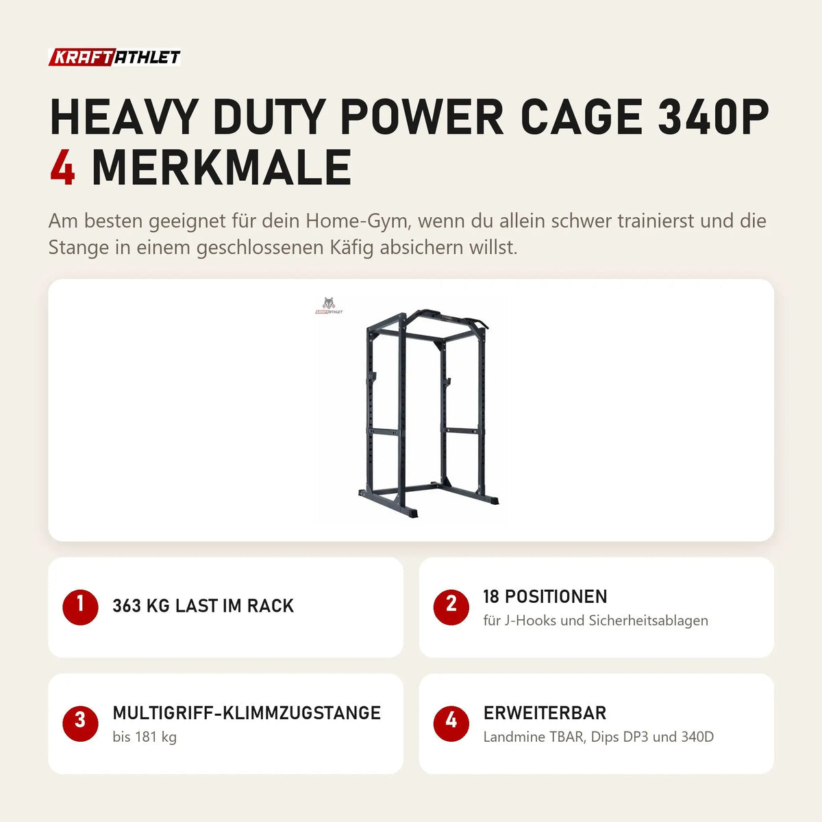 Titanium Strength Heavy Duty Power Cage 340P mit 4 Merkmalen: 363 kg Last im Rack, 18 Positionen, Multigriff-Klimmzugstange, Erweiterbar