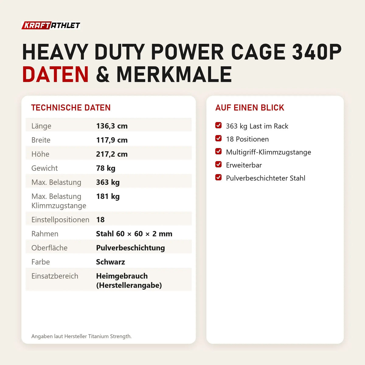 Technische Daten und Merkmale von Titanium Strength Heavy Duty Power Cage 340P als Tabelle
