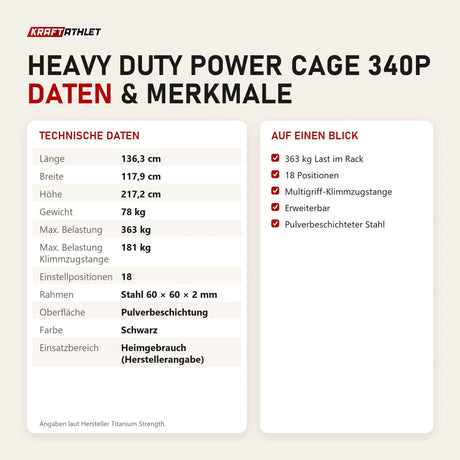Technische Daten und Merkmale von Titanium Strength Heavy Duty Power Cage 340P als Tabelle