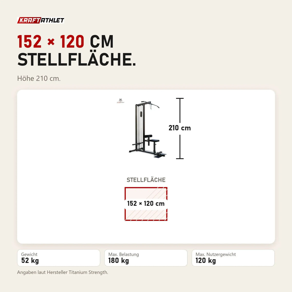 Maßbild Titanium Strength High Lat / Row Machine PR50: Stellfläche 152 × 120 cm, Höhe 210 cm