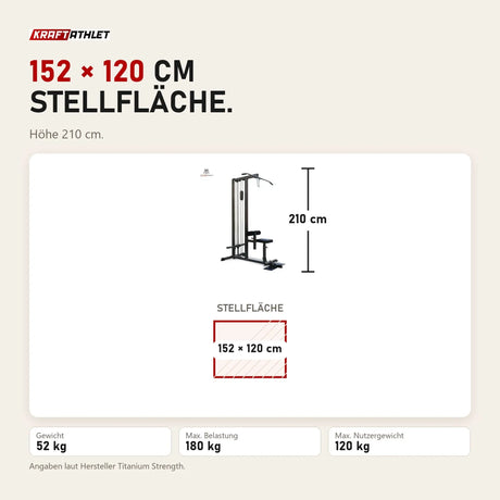 Maßbild Titanium Strength High Lat / Row Machine PR50: Stellfläche 152 × 120 cm, Höhe 210 cm