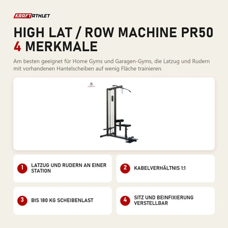 Titanium Strength High Lat / Row Machine PR50 mit 4 Merkmalen: Latzug und Rudern an einer Station, Kabelverhältnis 1:1, Bis 180 kg Scheibenlast, Sitz und Beinfixierung verstellbar