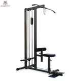 Titanium Strength High Lat / Row Machine PR50, Seitenansicht mit Latzugturm, Sitz und Kniepolster