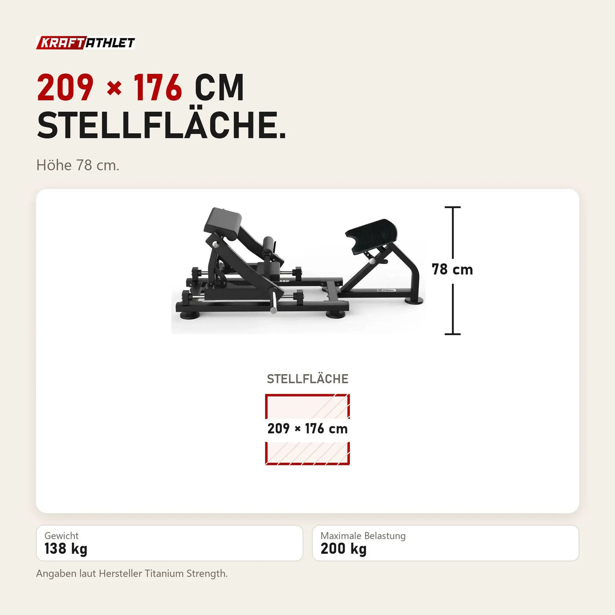 Maßbild Titanium Strength Hip Thrust Black Series: Stellfläche 209 × 176 cm, Höhe 78 cm