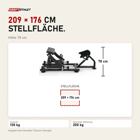 Maßbild Titanium Strength Hip Thrust Black Series: Stellfläche 209 × 176 cm, Höhe 78 cm