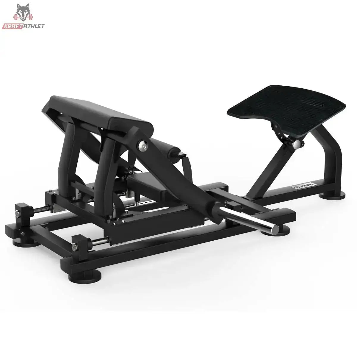 Titanium Strength Hip Thrust Black Series – Schrägansicht mit Polstern und Scheibenaufnahmen
