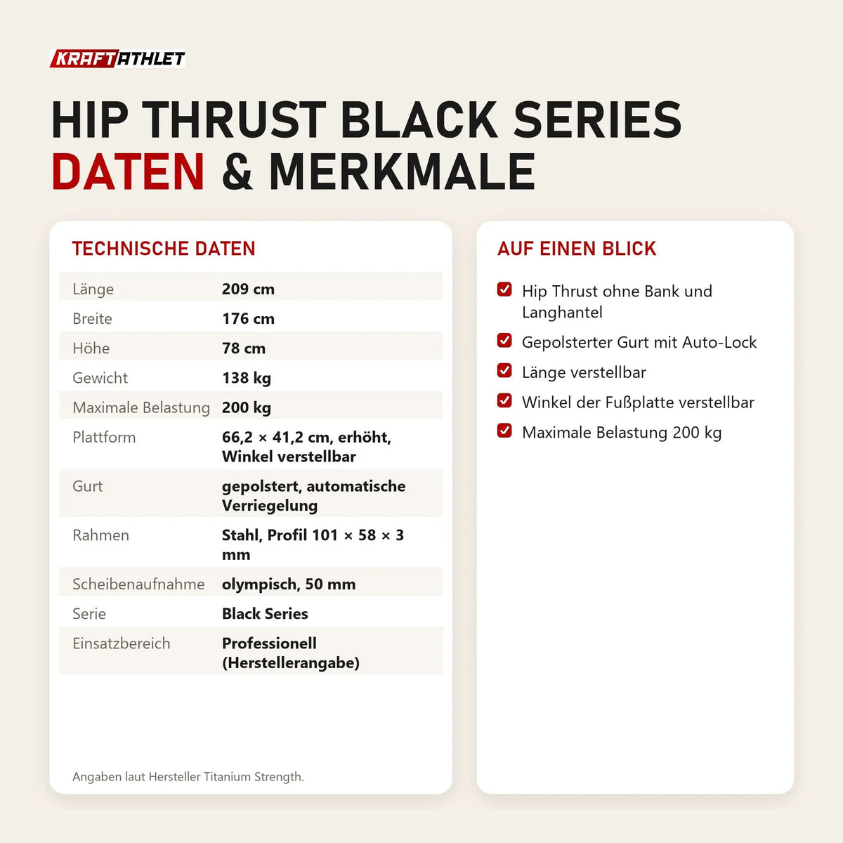Technische Daten und Merkmale von Titanium Strength Hip Thrust Black Series als Tabelle