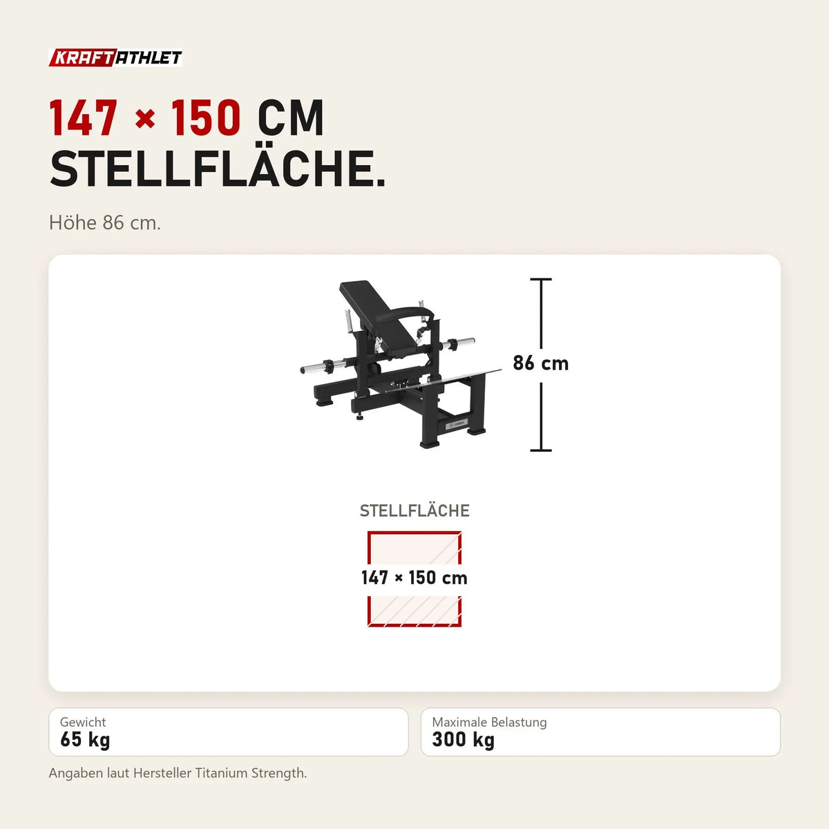 Maßbild Titanium Strength Hip Thrust Elite Series: Stellfläche 147 × 150 cm, Höhe 86 cm