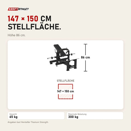 Maßbild Titanium Strength Hip Thrust Elite Series: Stellfläche 147 × 150 cm, Höhe 86 cm