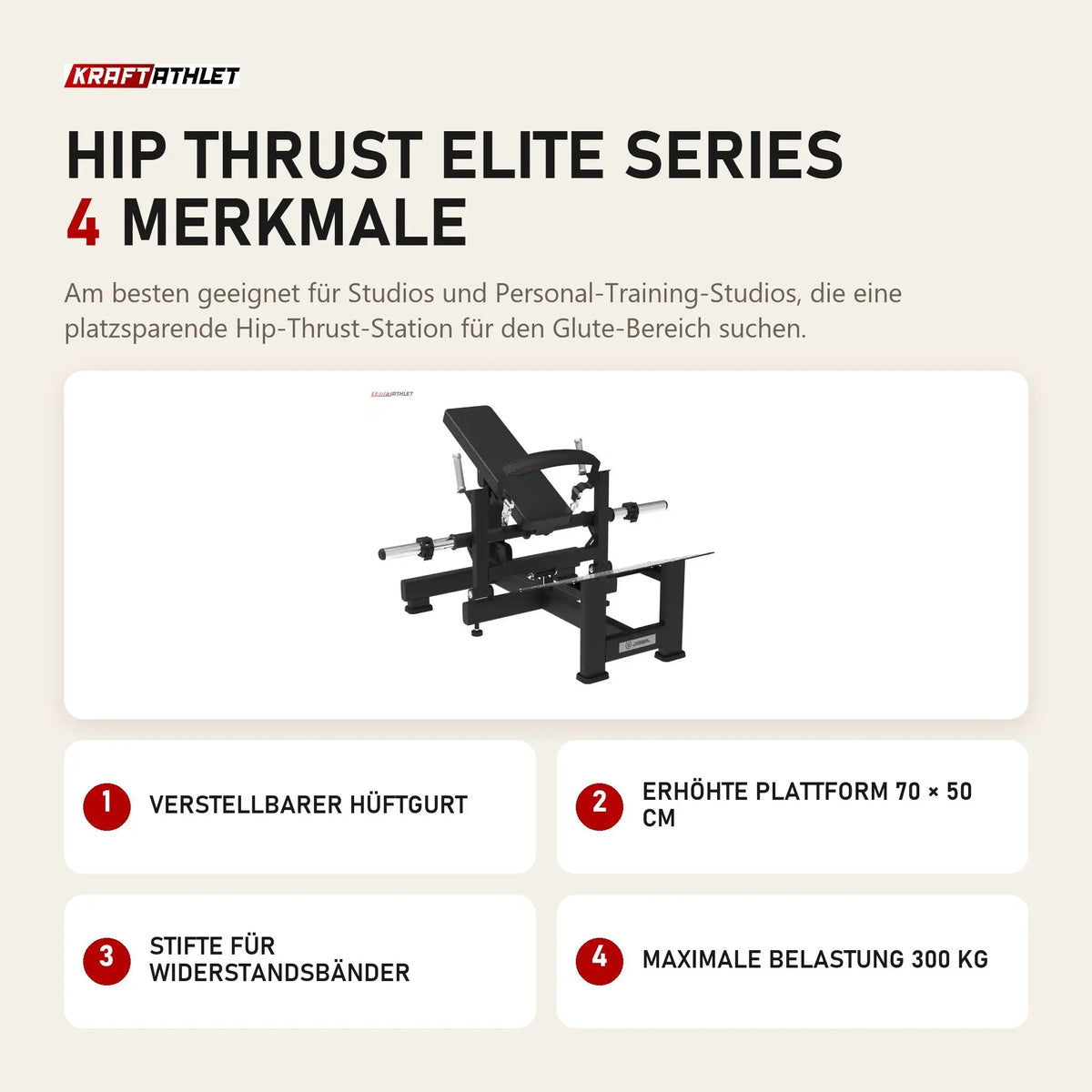 Titanium Strength Hip Thrust Elite Series mit 4 Merkmalen: Verstellbarer Hüftgurt, Erhöhte Plattform 70 × 50 cm, Stifte für Widerstandsbänder, Maximale Belastung 300 kg