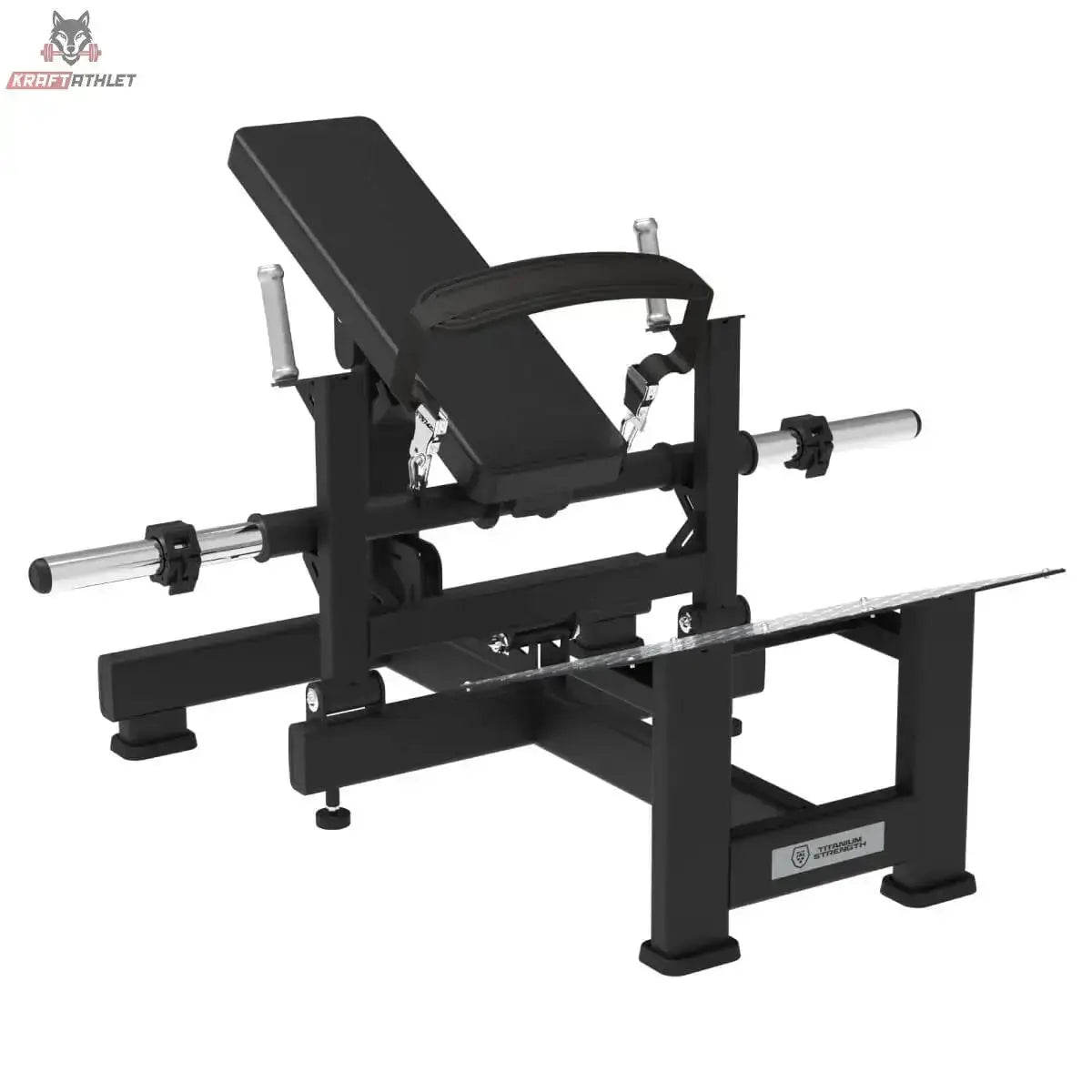 Titanium Strength Hip Thrust Elite Series: Schrägansicht mit Rückenpolster, Hüftpolster und Scheibenhörnern