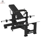 Titanium Strength Hip Thrust Elite Series: Schrägansicht mit Rückenpolster, Hüftpolster und Scheibenhörnern
