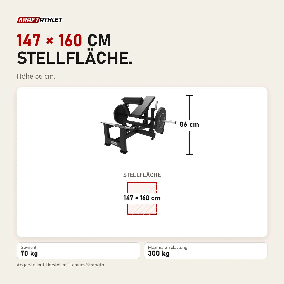 Maßbild Titanium Strength Hip Thrust Max Elite Series: Stellfläche 147 × 160 cm, Höhe 86 cm