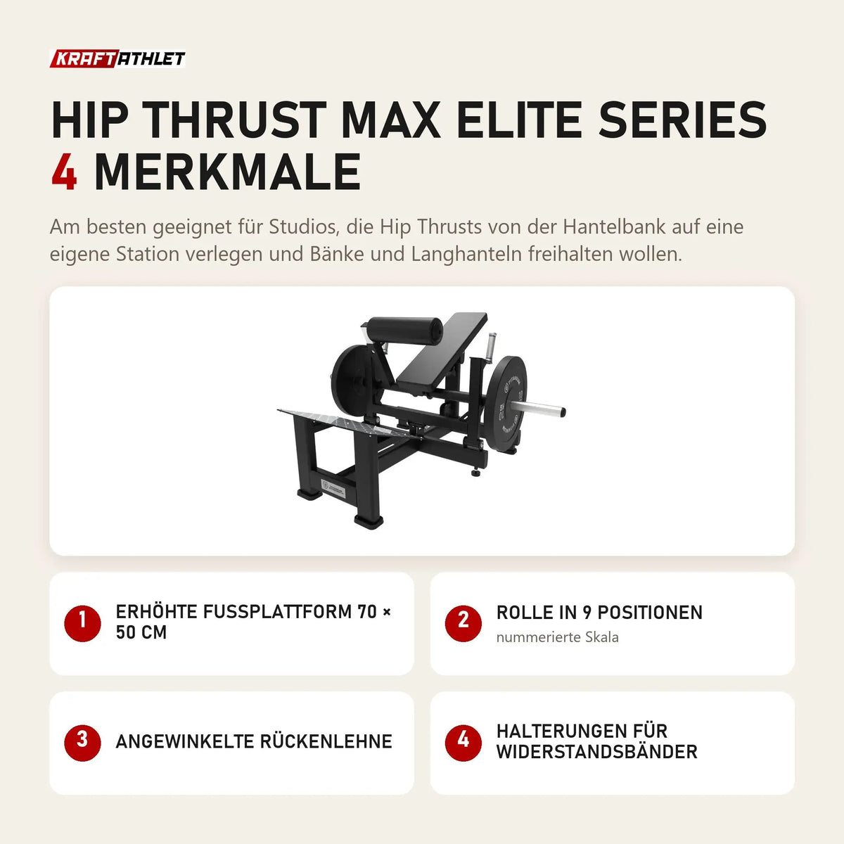 Titanium Strength Hip Thrust Max Elite Series mit 4 Merkmalen: Erhöhte Fußplattform 70 × 50 cm, Rolle in 9 Positionen, Angewinkelte Rückenlehne, Halterungen für Widerstandsbänder