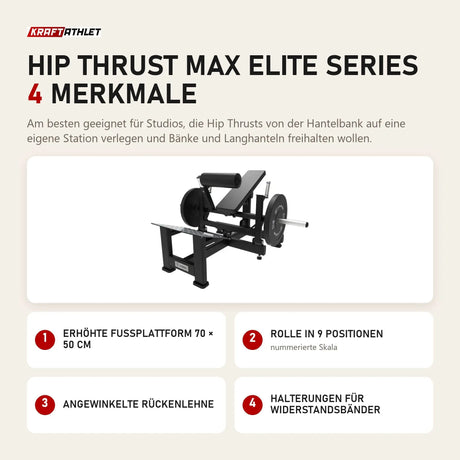Titanium Strength Hip Thrust Max Elite Series mit 4 Merkmalen: Erhöhte Fußplattform 70 × 50 cm, Rolle in 9 Positionen, Angewinkelte Rückenlehne, Halterungen für Widerstandsbänder
