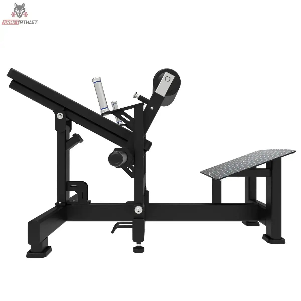 Titanium Strength Hip Thrust Max Elite Series in Seitenansicht von links mit Rückenauflage, Hüftpolster und Fußplatte