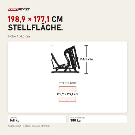 Maßbild Titanium Strength Horizontale Beinpresse Max: Stellfläche 198,9 × 177,1 cm, Höhe 154,5 cm