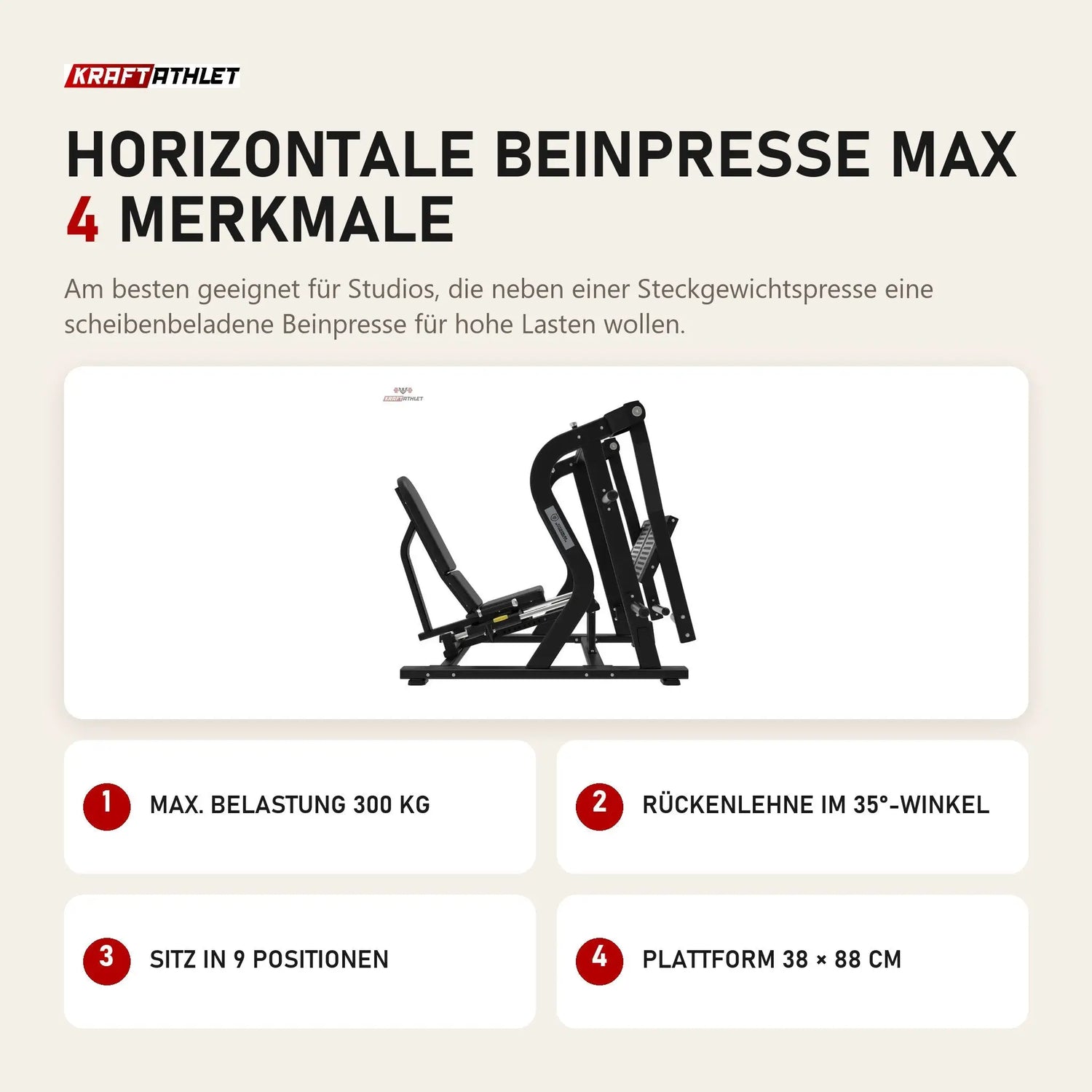 Titanium Strength Horizontale Beinpresse Max mit 4 Merkmalen: Max. Belastung 300 kg, Rückenlehne im 35°-Winkel, Sitz in 9 Positionen, Plattform 38 × 88 cm