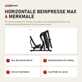 Titanium Strength Horizontale Beinpresse Max mit 4 Merkmalen: Max. Belastung 300 kg, Rückenlehne im 35°-Winkel, Sitz in 9 Positionen, Plattform 38 × 88 cm