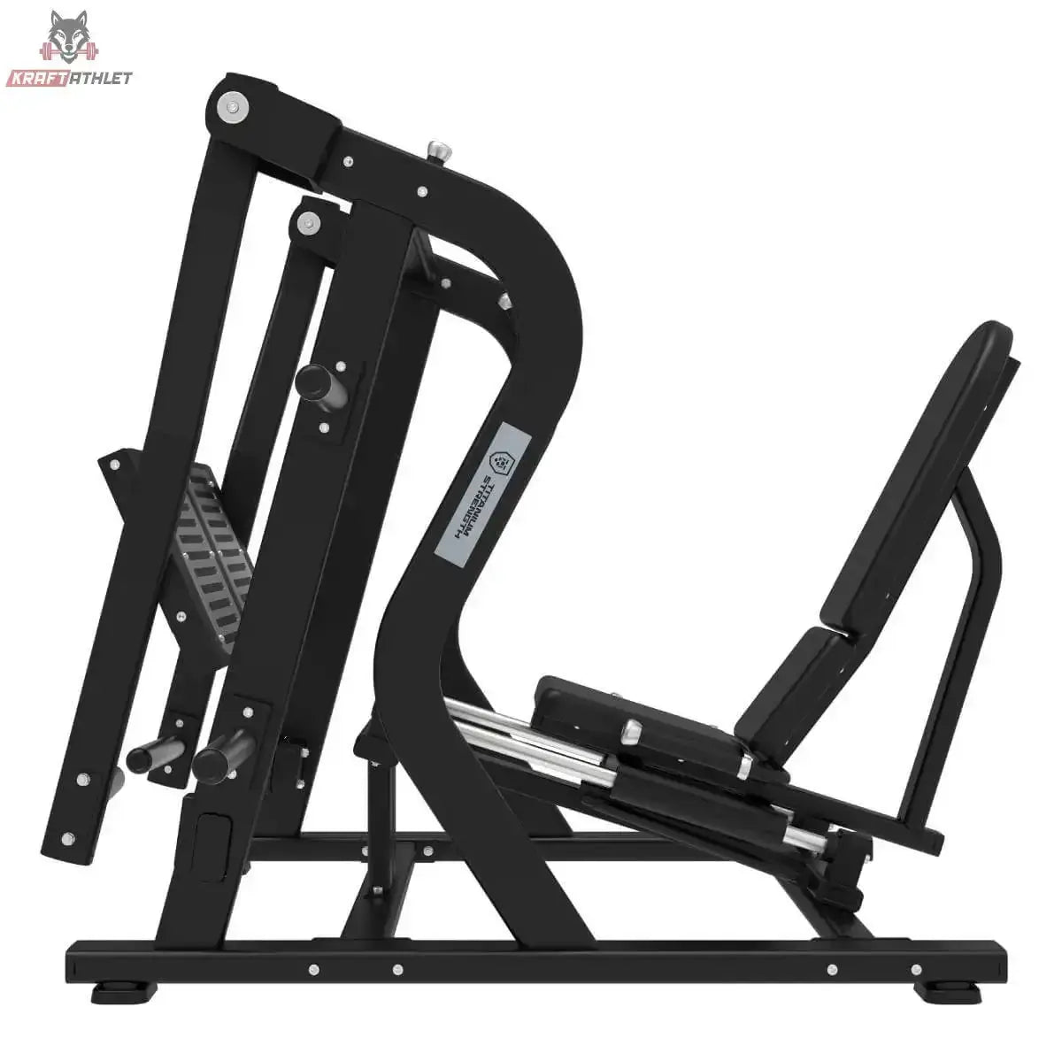 Titanium Strength Horizontale Beinpresse Max in Seitenansicht von rechts mit Sitz und Hebelrahmen
