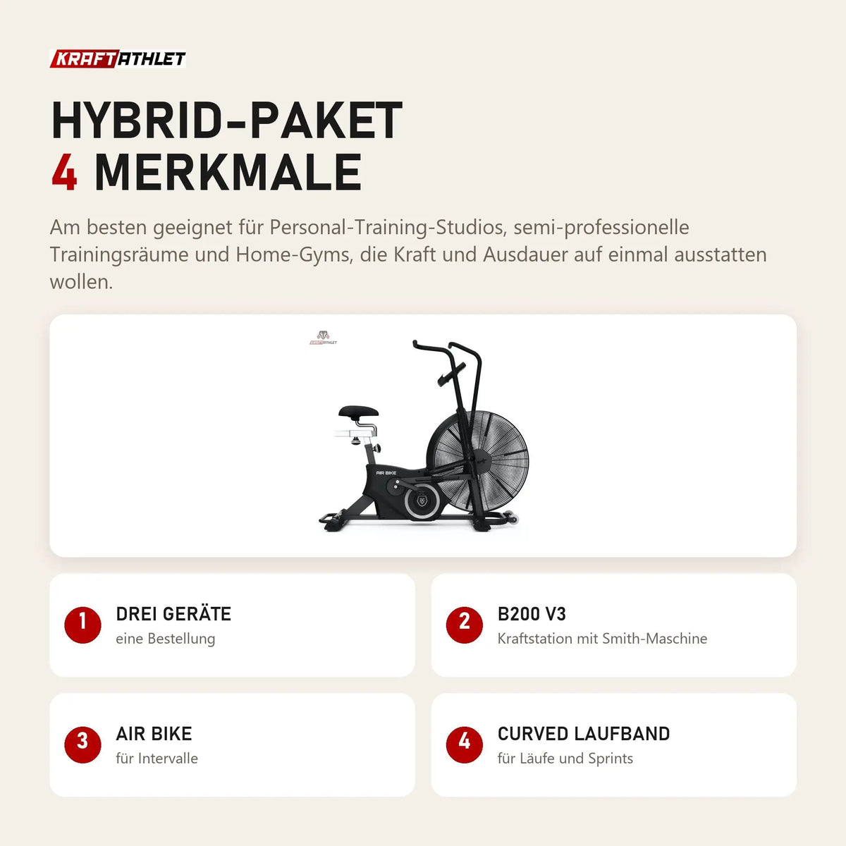 Titanium Strength Hybrid-Paket mit 4 Merkmalen: Drei Geräte, B200 V3, Air Bike, Curved Laufband