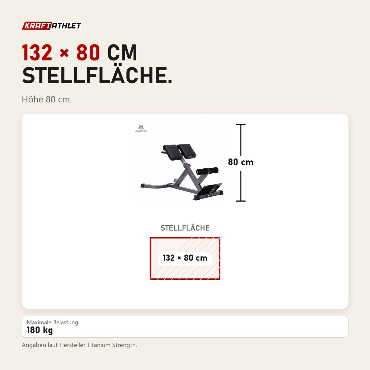 Maßbild Titanium Strength Hyper Extension 45-Grad-Bank BH45: Stellfläche 132 × 80 cm, Höhe 80 cm