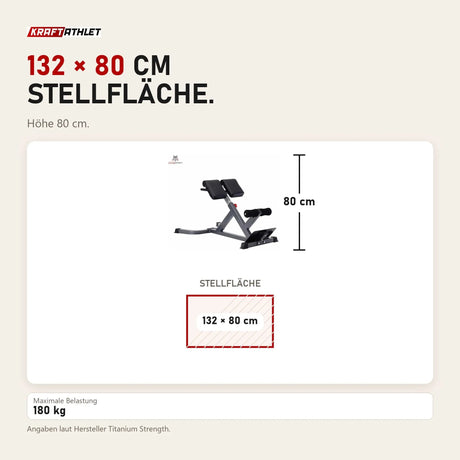 Maßbild Titanium Strength Hyper Extension 45-Grad-Bank BH45: Stellfläche 132 × 80 cm, Höhe 80 cm