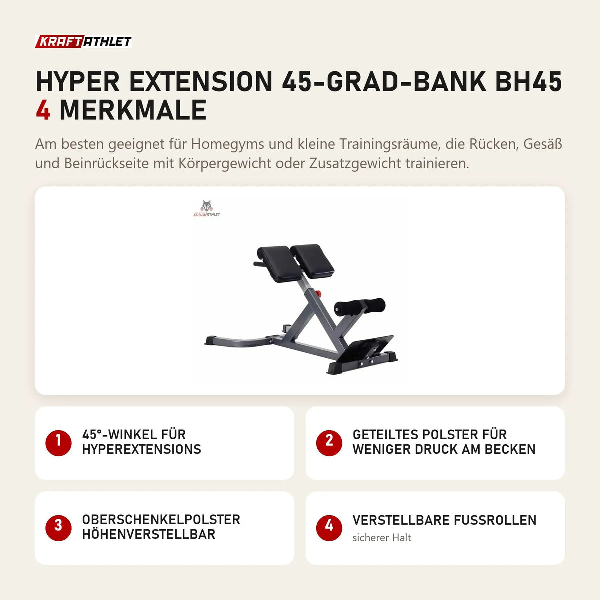 Titanium Strength Hyper Extension 45-Grad-Bank BH45 mit 4 Merkmalen: 45°-Winkel für Hyperextensions, Geteiltes Polster für weniger Druck am Becken, Oberschenkelpolster höhenverstellbar, Verstellbare Fußrollen