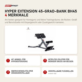 Titanium Strength Hyper Extension 45-Grad-Bank BH45 mit 4 Merkmalen: 45°-Winkel für Hyperextensions, Geteiltes Polster für weniger Druck am Becken, Oberschenkelpolster höhenverstellbar, Verstellbare Fußrollen