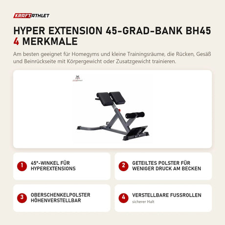 Titanium Strength Hyper Extension 45-Grad-Bank BH45 mit 4 Merkmalen: 45°-Winkel für Hyperextensions, Geteiltes Polster für weniger Druck am Becken, Oberschenkelpolster höhenverstellbar, Verstellbare Fußrollen