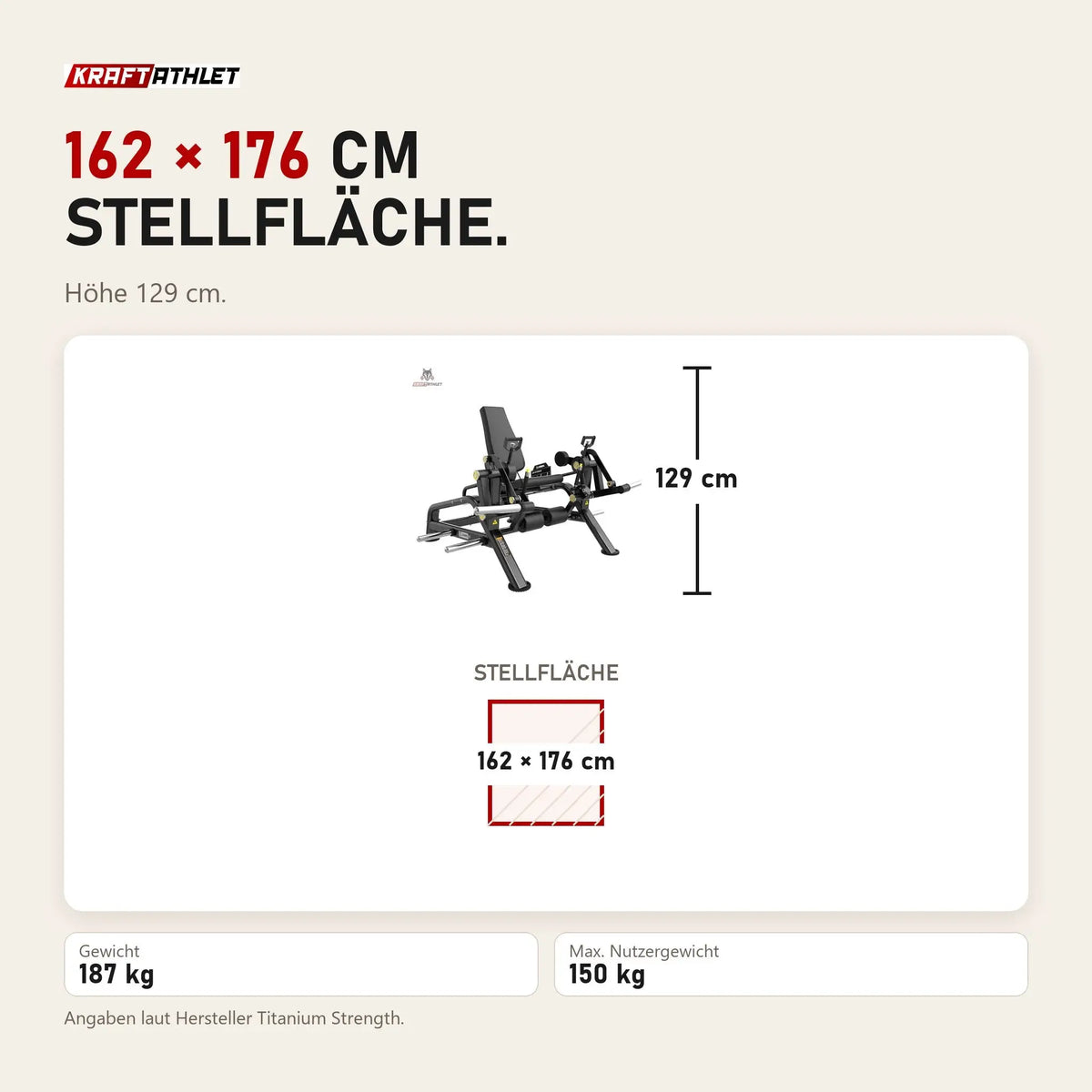 Maßbild Titanium Strength Genesis Series IsoLateral Beinstrecker: Stellfläche 162 × 176 cm, Höhe 129 cm