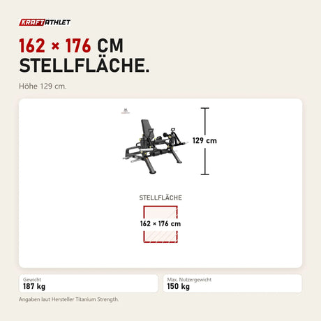 Maßbild Titanium Strength Genesis Series IsoLateral Beinstrecker: Stellfläche 162 × 176 cm, Höhe 129 cm
