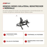Titanium Strength Genesis Series IsoLateral Beinstrecker mit 4 Merkmalen: Unabhängige Hebel, Startwinkel in 5 Positionen, Rollen in 5 Positionen, Rückenlehne 13-fach in der Tiefe
