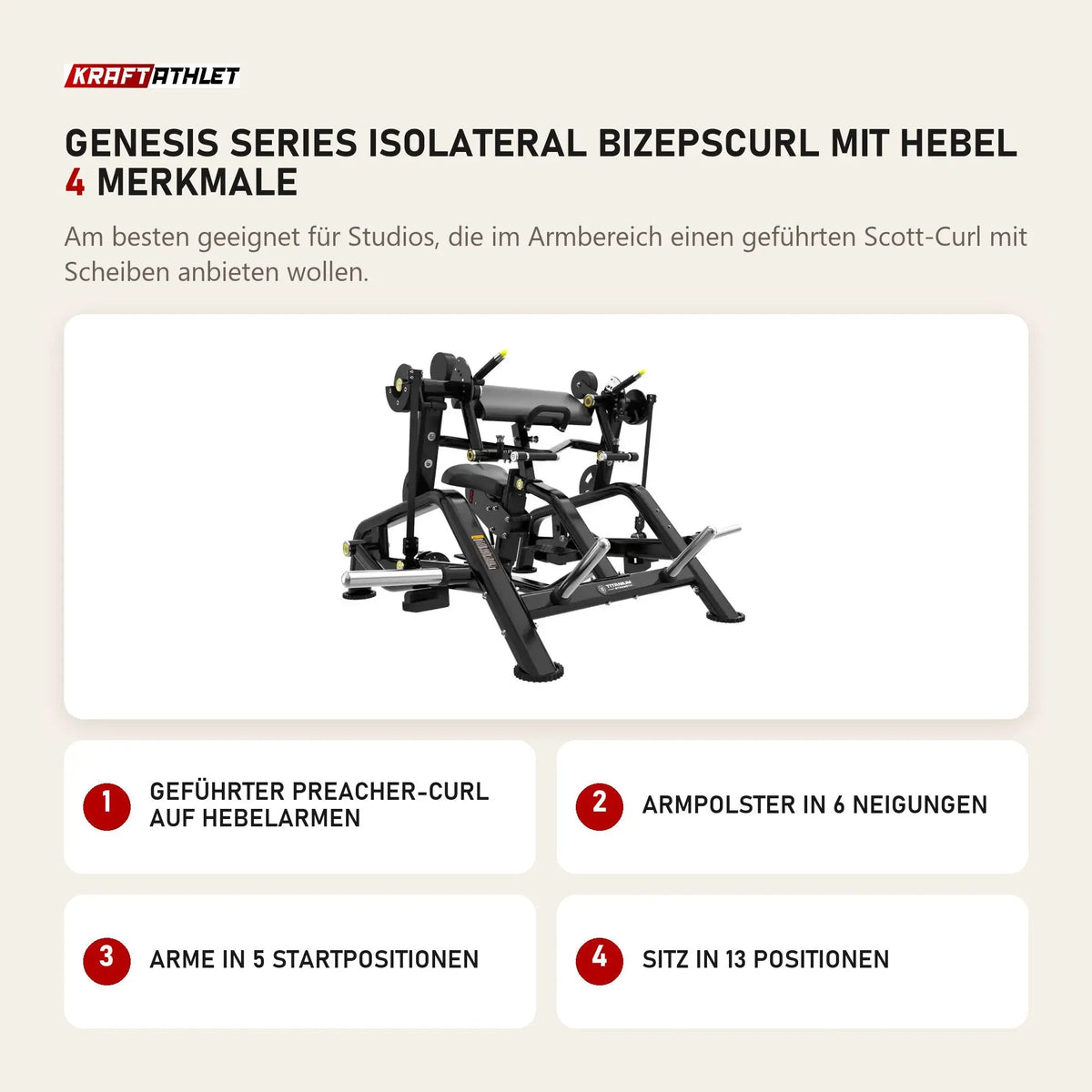 Titanium Strength Genesis Series IsoLateral Bizepscurl mit Hebel mit 4 Merkmalen: Geführter Preacher-Curl auf Hebelarmen, Armpolster in 6 Neigungen, Arme in 5 Startpositionen, Sitz in 13 Positionen
