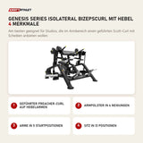 Titanium Strength Genesis Series IsoLateral Bizepscurl mit Hebel mit 4 Merkmalen: Geführter Preacher-Curl auf Hebelarmen, Armpolster in 6 Neigungen, Arme in 5 Startpositionen, Sitz in 13 Positionen