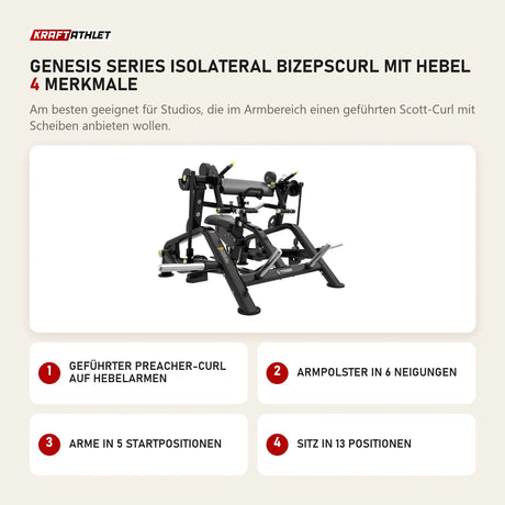Titanium Strength Genesis Series IsoLateral Bizepscurl mit Hebel mit 4 Merkmalen: Geführter Preacher-Curl auf Hebelarmen, Armpolster in 6 Neigungen, Arme in 5 Startpositionen, Sitz in 13 Positionen