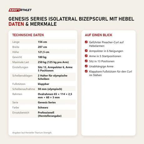 Technische Daten und Merkmale von Titanium Strength Genesis Series IsoLateral Bizepscurl mit Hebel als Tabelle
