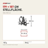Maßbild Titanium Strength Genesis Series IsoLateral Konvergente Brustpresse: Stellfläche 179 × 157 cm, Höhe 160,5 cm