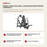 Titanium Strength Genesis Series IsoLateral Konvergente Brustpresse mit 4 Merkmalen: Konvergierende Druckbahn mit unabhängigen Hebeln, Griffe horizontal und neutral, Federunterstütztes Pedal für den Start, Sitz in 13 Positionen