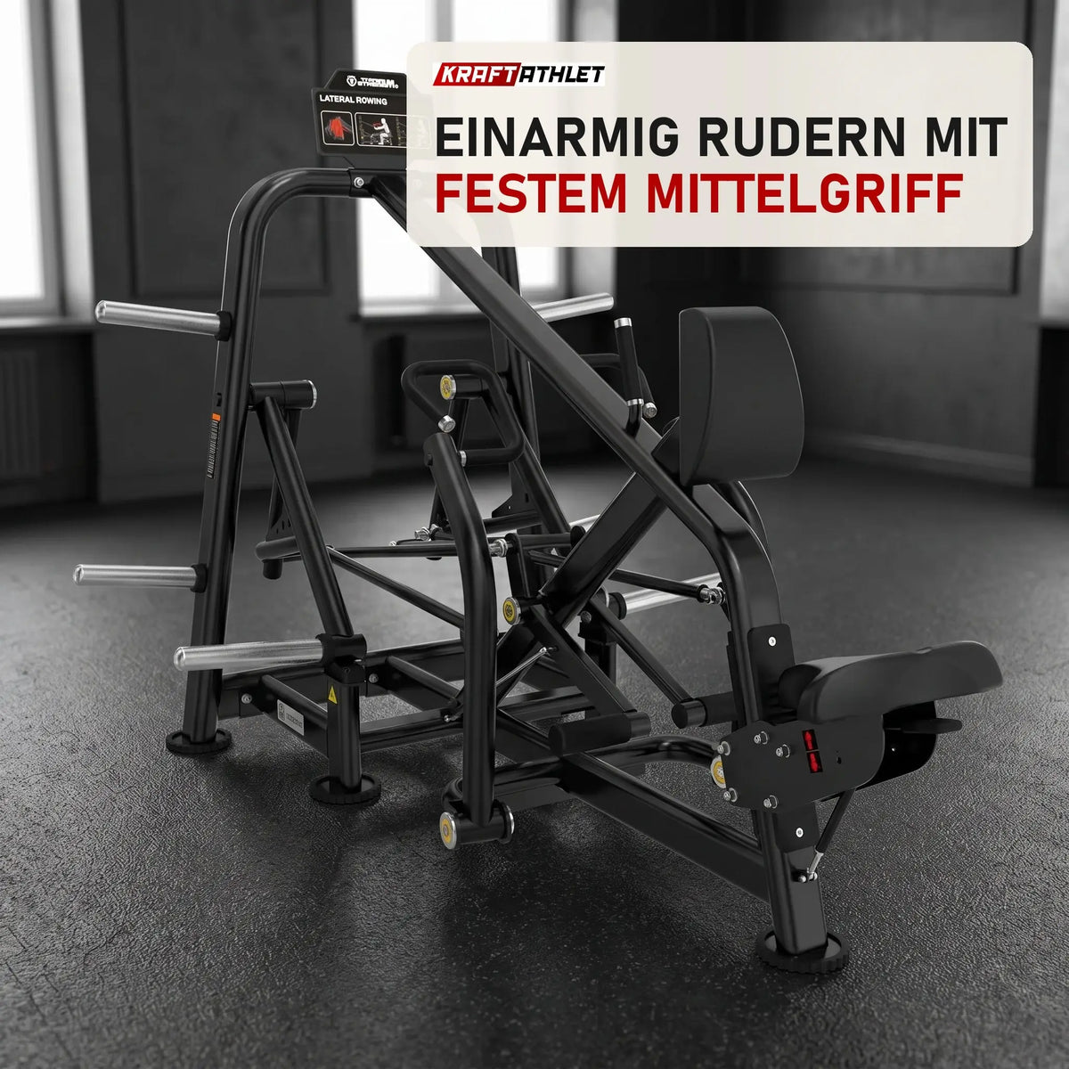 Titanium Strength Genesis Series IsoLaterales Rudern mit Brustpolster in einem fertig eingerichteten Studio mit dunklen Wänden und Gummiboden