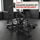 Titanium Strength Genesis Series IsoLaterales Rudern mit Brustpolster in einem fertig eingerichteten Studio mit dunklen Wänden und Gummiboden