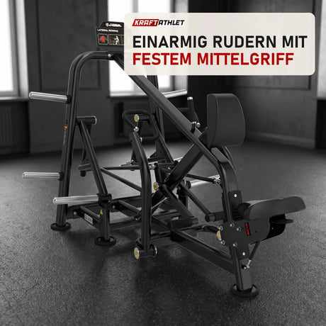 Titanium Strength Genesis Series IsoLaterales Rudern mit Brustpolster in einem fertig eingerichteten Studio mit dunklen Wänden und Gummiboden