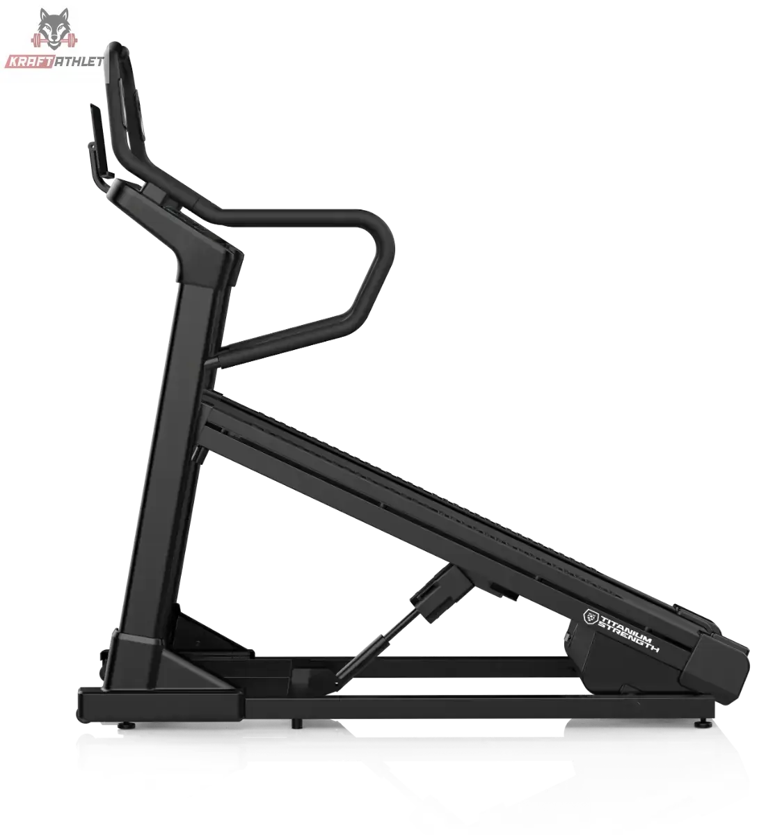 Titanium Strength IT25 Laufband mit Steigung – Seitenansicht mit steil gestelltem Laufdeck