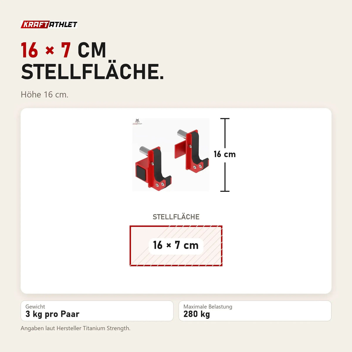 Maßbild Titanium Strength JH5070 J-Hooks (Paar): Stellfläche 16 × 7 cm, Höhe 16 cm