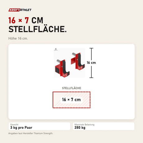 Maßbild Titanium Strength JH5070 J-Hooks (Paar): Stellfläche 16 × 7 cm, Höhe 16 cm