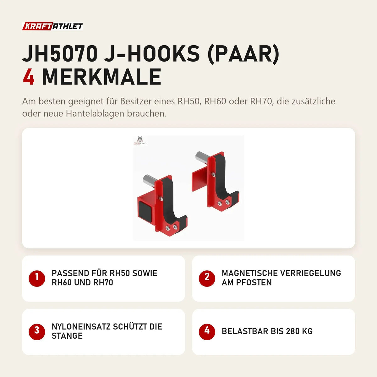 Titanium Strength JH5070 J-Hooks (Paar) mit 4 Merkmalen: Passend für RH50 sowie RH60 und RH70, Magnetische Verriegelung am Pfosten, Nyloneinsatz schützt die Stange, Belastbar bis 280 kg